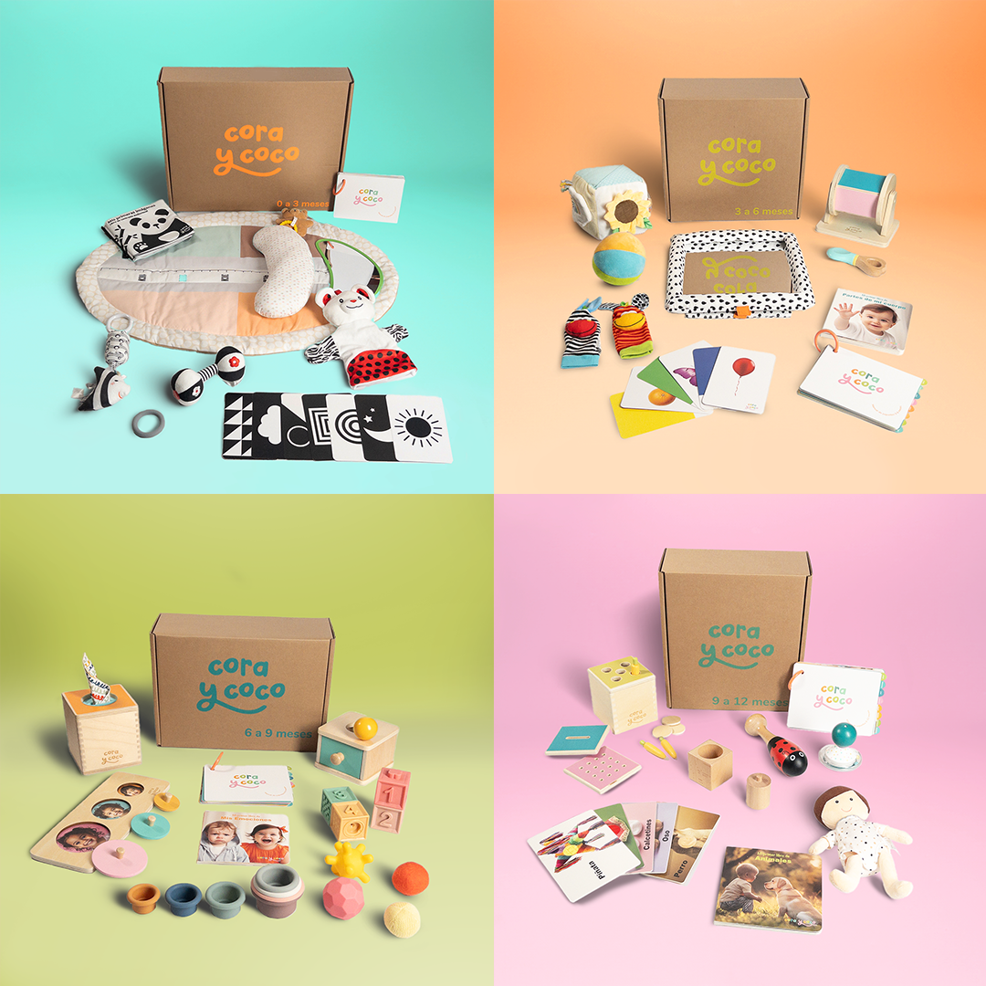 Imagen con todos los kits de estimulación temprana Cora y Coco