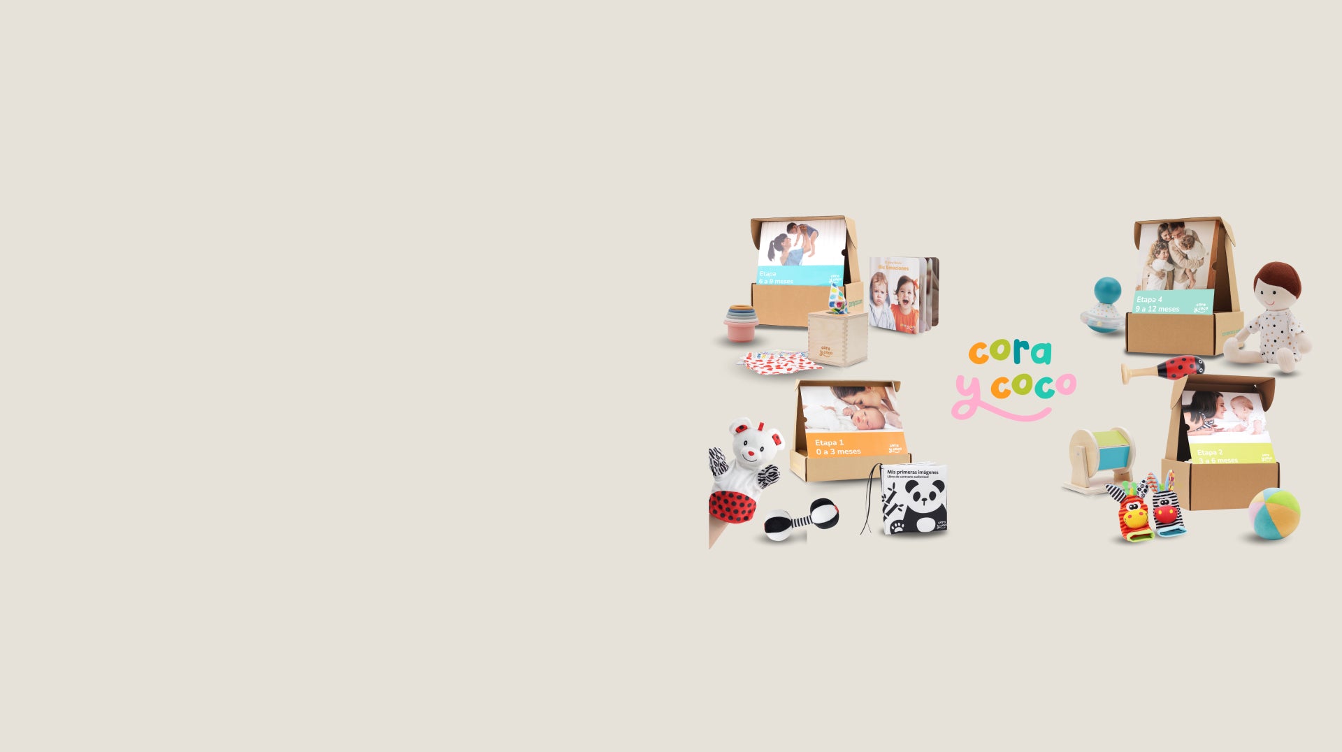 Banner del Kit 4 de Cora y Coco con materiales de estimulación para bebés